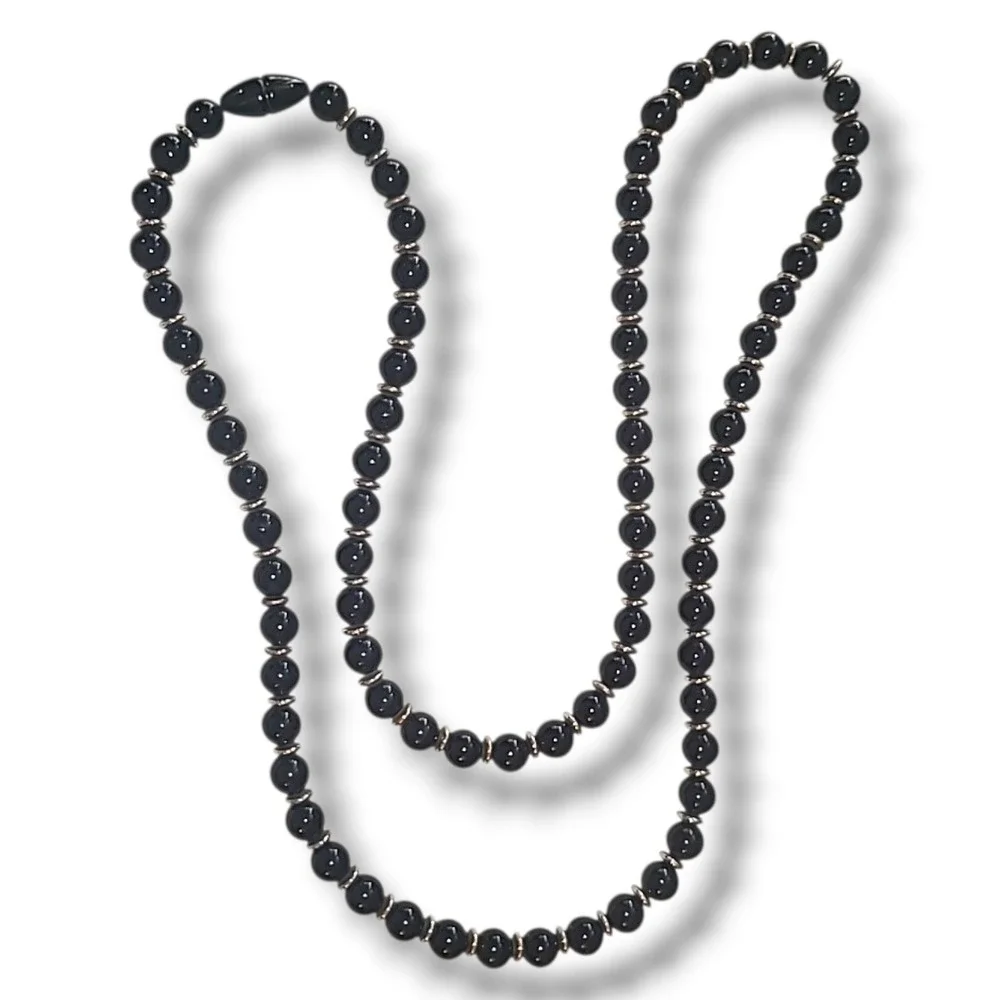 Vintage Black Bead Necklace Gold Spacers Long 28in Plastic Screw Clasp‎